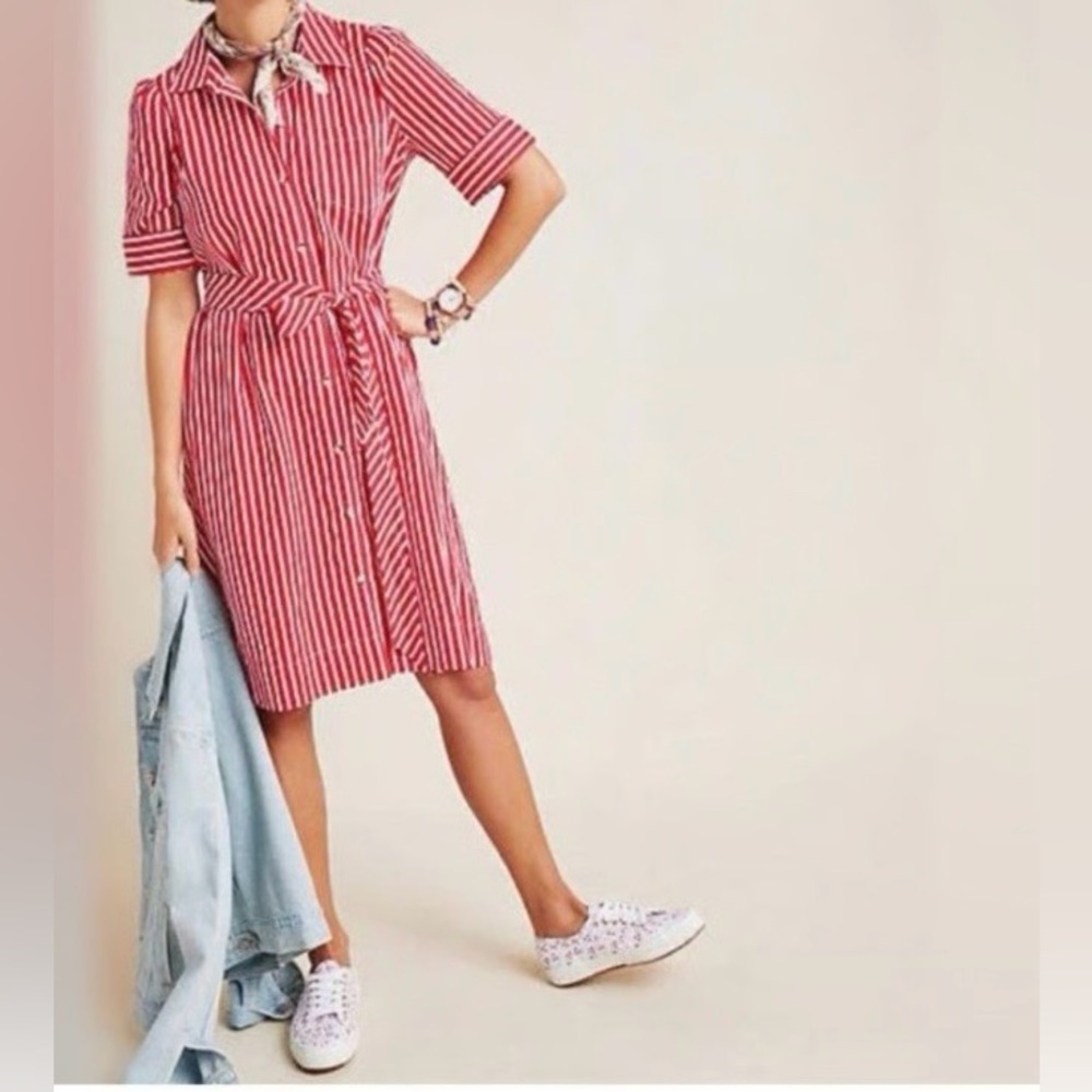 Anthropologie Maeve Kiana Red & White Striped Midi Dress Sz S Button Front - Picture 15 of 15